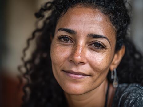 Curly-haired individual with a faint smile gazing directly at the camera. Subtle natural lighting highlights facial features and enhances the texture of the skin, complementing the serene expression photo