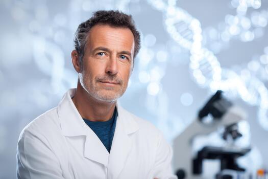 Confident middle-aged man with gray hair wearing a white lab coat, stands with crossed arms in front of a microscope, with DNA strands in bokeh effect on light background photo