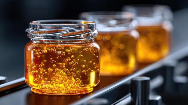 Three glass jars with golden liquid and bubbles are aligned on a metallic surface, creating a shimmering effect. The focus is on the first jar, blurring the others photo