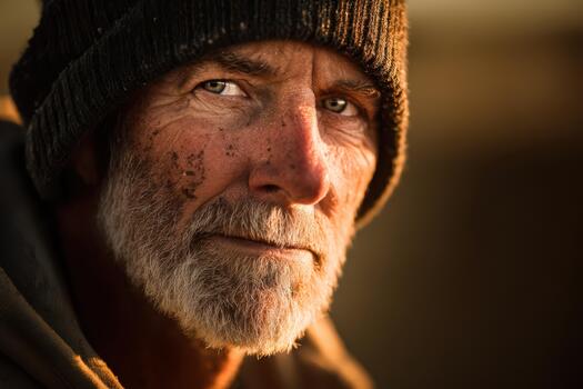 Elderly man with a bearded face, wearing a dark knit hat, looking contemplative. His weathered skin is highlighted by warm, low-angle light, casting dramatic shadows and emphasizing texture photo