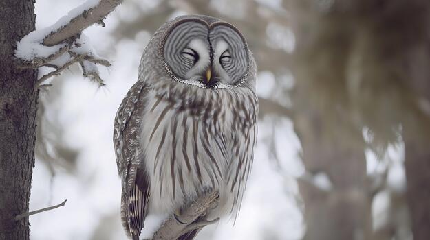 Majestic owl perched on a snow-covered branch, showcasing intricate feather patterns and serene expression, surrounded by a tranquil winter forest atmosphere photo