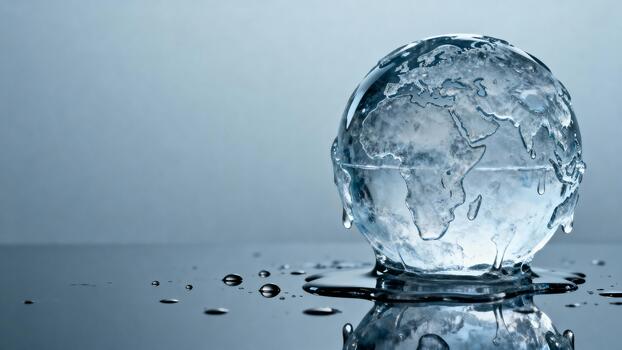 Transparent ice globe depicting Earth with visible continents, resting on reflective surface, surrounded by droplets, symbolizing climate change and environmental awareness photo