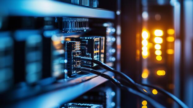 High-tech server room with illuminated data storage units, showcasing intricate wiring and glowing lights, representing modern technology and digital connectivity photo