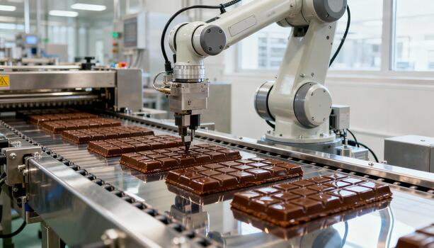 Robotic arm in a modern factory is precisely placing chocolate bars on a conveyor belt, showcasing advanced automation in food production and manufacturing processes photo
