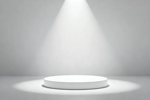 Circular white podium illuminated by a spotlight in a minimalist studio setting, showcasing a clean and modern design ideal for product displays or presentations photo