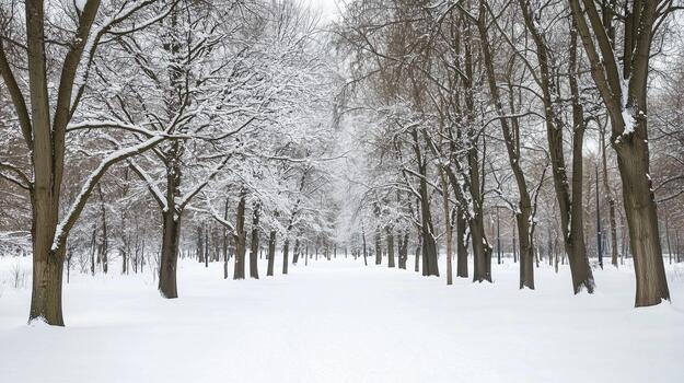 Snow-covered pathway lined with tall trees creates a serene winter landscape, inviting peaceful strolls through a tranquil, snowy environment with soft light filtering through branches photo