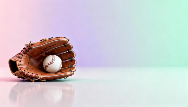 Baseball glove resting on a reflective surface with a baseball inside, set against a softly blurred gradient background, creating a vibrant and dynamic sports-themed atmosphere photo