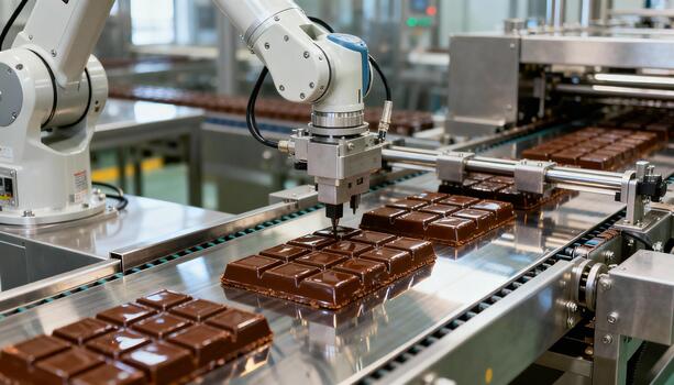 Robotic arm in a modern factory is precisely placing chocolate bars on a conveyor belt, showcasing advanced automation in the confectionery production process photo