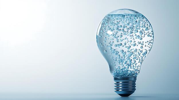 Light bulb filled with clear water and bubbles, showcasing a unique concept of illumination, creativity, and innovation in a minimalist setting with soft lighting photo