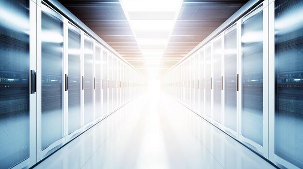 Futuristic data center corridor with illuminated servers on both sides, showcasing advanced technology and sleek design, creating a sense of depth and innovation photo