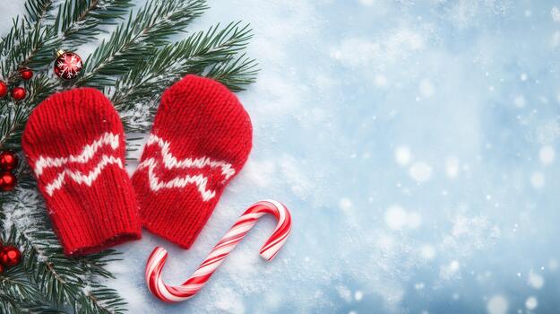 Red knitted mittens placed on a snowy background with evergreen branches and a candy cane, creating a festive winter holiday atmosphere with copy space photo