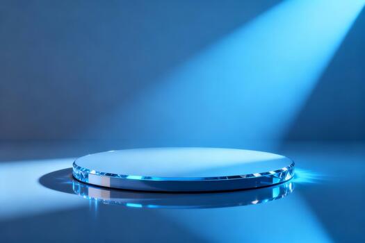 Circular display platform illuminated by soft blue light, showcasing a reflective surface, creating an elegant ambiance for product presentations or artistic displays photo