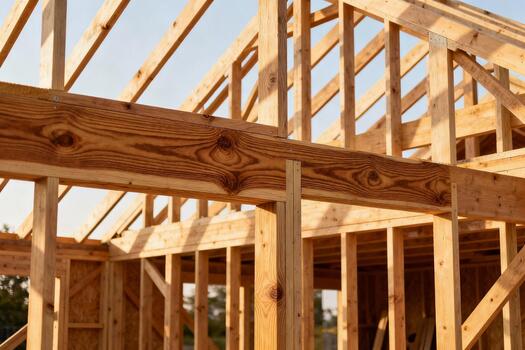 Wooden framework of a house under construction, showcasing beams and trusses against a clear sky, emphasizing the structural integrity and craftsmanship of building process photo