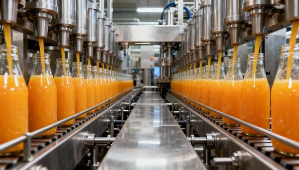 Bottles of fresh orange juice are being filled on a production line in a modern factory, showcasing the automated bottling process and vibrant colors of the juice photo