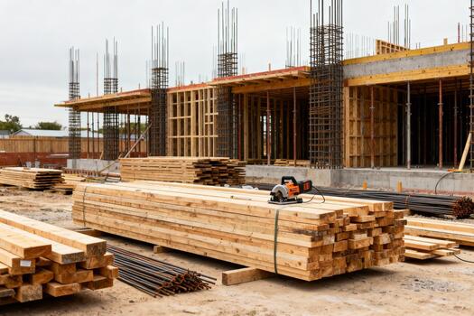 Construction site featuring stacked wooden beams and steel rebar, with a partially built structure in the background, showcasing the process of building and development photo