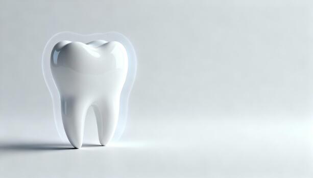 3D illustration of a glossy white tooth with a translucent outline, symbolizing dental health and hygiene, set against a soft gradient background with ample copy space photo