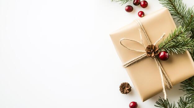 Gift box wrapped in brown paper with twine, adorned with pine branches, red berries, and pine cones, creating a festive holiday atmosphere with copy space photo