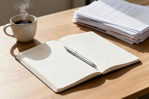 Open notebook with a silver pen resting on the pages, beside a steaming cup of coffee, and a stack of documents, creating a cozy workspace atmosphere for productivity photo