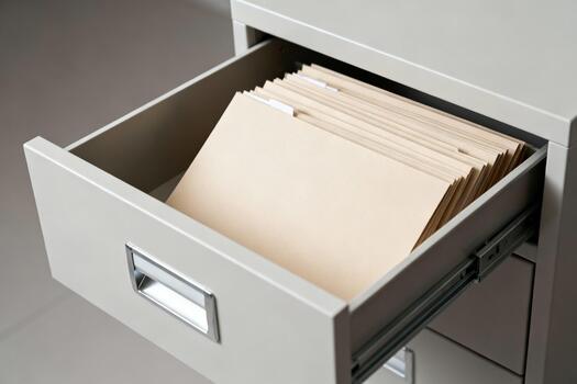 Open drawer filled with beige file folders, showcasing organized documents in a modern office environment, emphasizing efficiency and productivity in workspace organization photo
