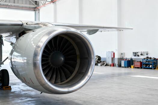 Aircraft engine close-up showcasing intricate turbine design and metallic texture, situated in a spacious hangar with tools and equipment in the background, emphasizing aviation technology photo
