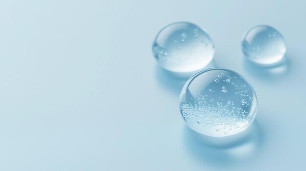Transparent water droplets resting on a smooth light blue surface, showcasing reflections and bubbles, creating a serene and calming atmosphere for design purposes photo