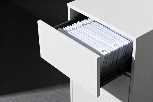 Open drawer of a modern filing cabinet filled with neatly arranged white documents, showcasing organized paperwork in a minimalist office environment with soft lighting photo