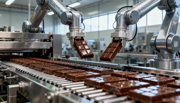 Robotic arms in a modern factory are efficiently handling chocolate bars on a conveyor belt, showcasing advanced automation in the food production industry photo