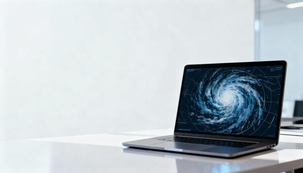 Laptop displaying a swirling hurricane weather pattern on screen, placed on a sleek white desk with minimalistic office environment, illustrating technology and meteorological analysis photo