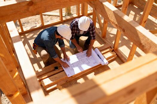 Two construction workers, wearing hard hats, are reviewing blueprints on a wooden frame structure, showcasing teamwork and planning in a building project environment photo