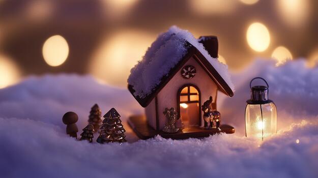 Miniature winter house covered in snow, surrounded by small trees and a lantern, creating a cozy holiday atmosphere with soft bokeh lights in the background photo