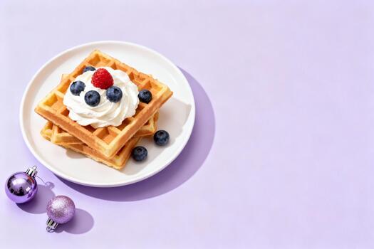 Stack of golden waffles topped with whipped cream, fresh blueberries, and a raspberry, presented on a white plate with festive ornaments, creating a cheerful holiday atmosphere photo