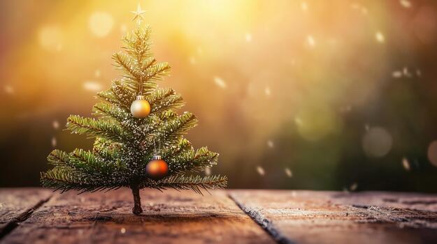 Christmas tree adorned with golden ornaments and a star, standing on a rustic wooden table, surrounded by a warm, glowing bokeh background, creating a festive atmosphere photo