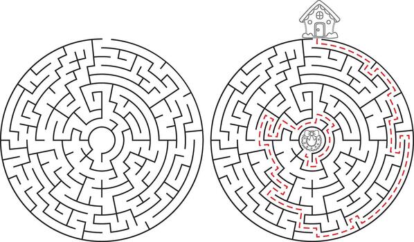 Christmas maze with a solved path from gingerbread house to wreath vector