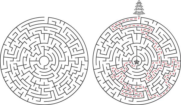 Christmas Maze Puzzle Game with Solution Path and Christmas Tree vector