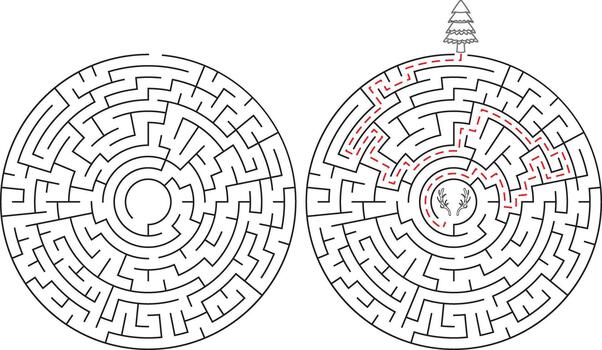 Christmas circular maze puzzle with solved path game fun vector