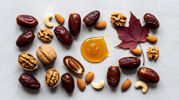 Nuts and dates arranged in a circle with maple syrup photo