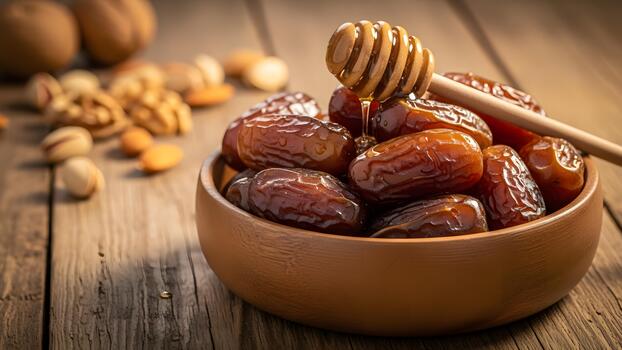 Golden honey gently drizzles over a generous bowl of succulent dates, elegantly complemented by a vibrant array of crunchy walnuts, almonds, and pistachios on a rustic wooden surface photo