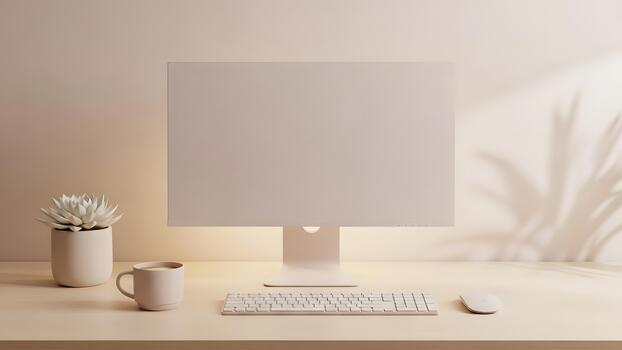 A white desk with a computer, keyboard and mouse photo