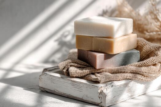 A Serene Arrangement of Handmade Soaps with Natural Textures and Soft Lighting, Creating a Calm and Inviting Atmosphere for Relaxation and Self-Care photo