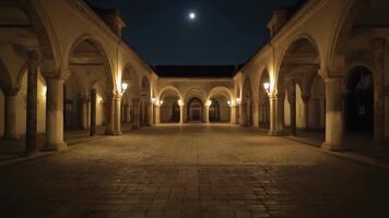 Moonlit cloister courtyard with ancient stone arches and columns illuminated by warm light creating a serene and historic atmosphere at night video