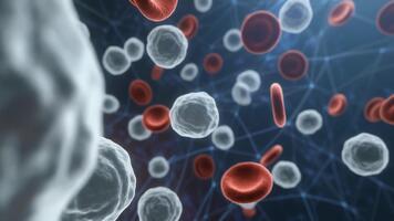 microscopico Visualizza di sangue cellule rosso e bianca in movimento attraverso un' complesso Rete struttura che rappresentano il circolatorio sistema o biologico percorsi nel medico scienza video