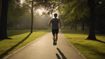 Mann Joggen im ein Park während Sonnenaufgang mit Sonne Strahlen Filtern durch Bäume Gießen lange Schatten auf das Pfad und üppig Grün Gras video