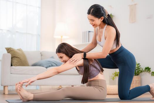 Group exercises take place indoors with two women practicing stretching together in a living room setting in the afternoon photo