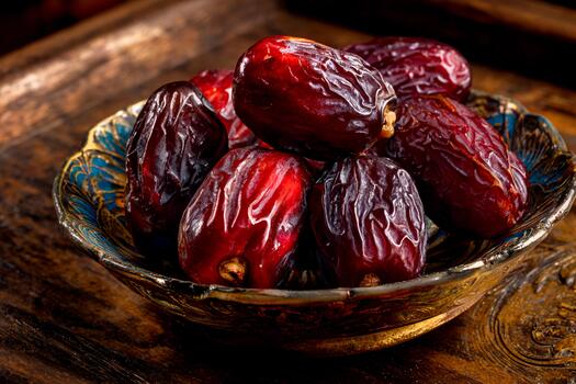 un cuenco lleno con Fresco fechas es metido en un de madera mesa. el fechas espectáculo diferente sombras de color y brillar debajo natural ligero. el ajuste Destacar el fechas Rico textura foto
