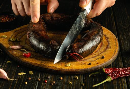Hands are skillfully slicing through a dark cured sausage on a wooden cutting board. Surrounding elements include various spices and fresh ingredients, adding character to the setting photo