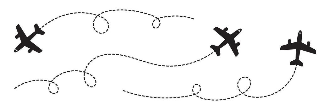 Plane with track icon set. Plane route. Airplane path icon. vector