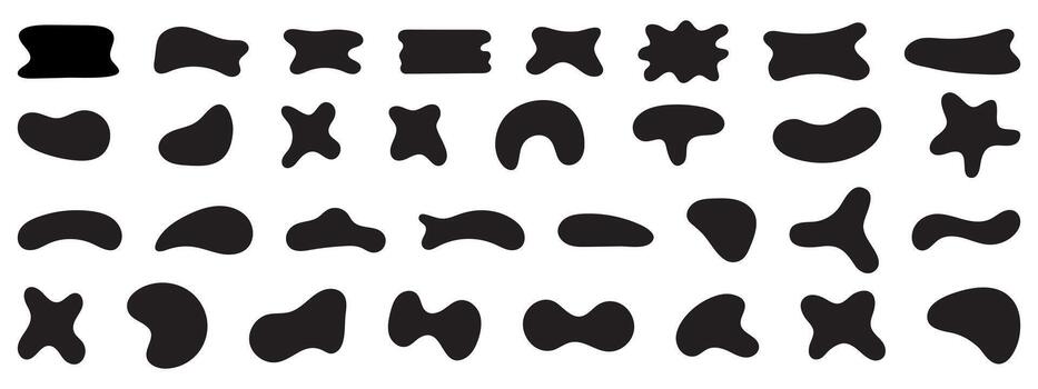 Black abstract shapes, organic blobs and blotch of irregular shape. Inkblot silhouettes, simple liquid splodge elements. vector