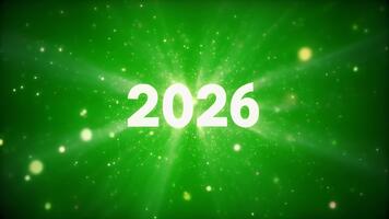 2026 mjuk atmosfärisk glöd expanderar Bakom de siffror på en rena grön skärm krom nyckel med mild partikel drift och en slät glitter brista avslöja för elegant rörelse grafik video