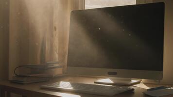 solbelyst Hem kontor scen med en modern skrivbordet dator tangentbord och damm partiklar flytande i gyllene strålar genom en fönster på en trä- skrivbord video