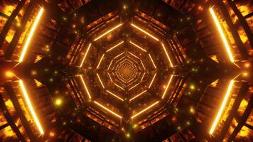Futuristic glowing orange gold neon light tunnel with shimmering particles and hypnotic hexagon shape design creating an abstract endless loop animation background video